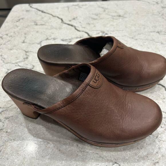 UGG Australia Brown Leather Shearling-Lined Clog Mules Women’s Size 7 - Picture 1 of 5